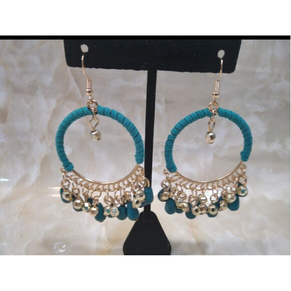 Woven Bohemian Tasseled Earrings In Teal - Picture 2 of 6